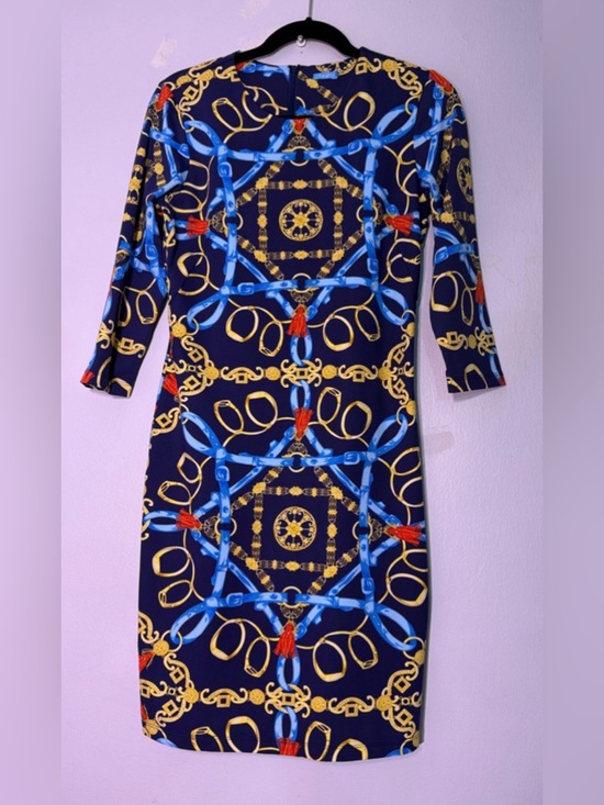 J. McLaughlin Dresses & Skirts - J.McLaughlin Navy Chain-Print Sheath Dress with Blue & Gold Accents small